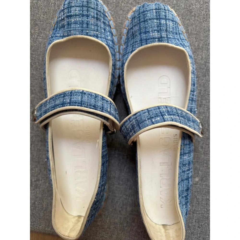 Karl Lagerfeld Paris Mikai Blue Tweed Espadrille Mary Jane Flats US 7.5M